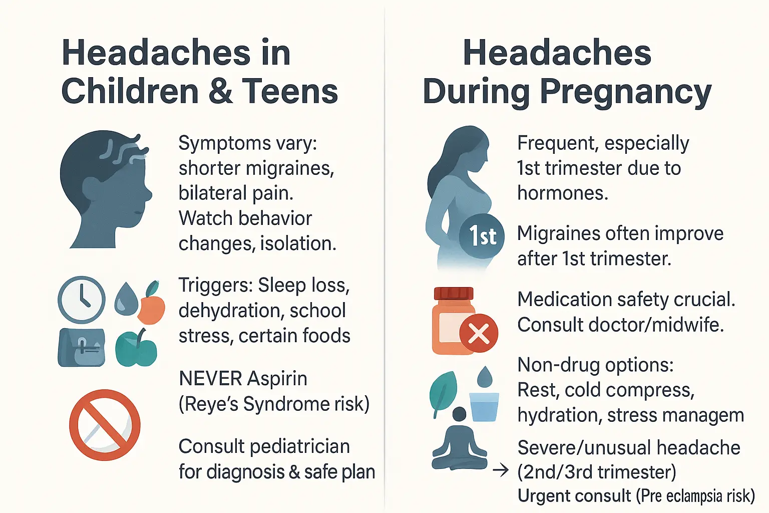 Headaches in children and pregnancy infographic showing key considerations for safe management