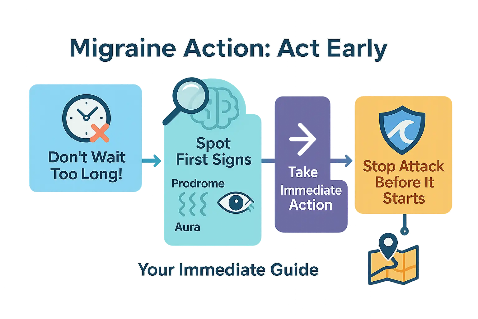 A person holding their head, with text overlay: MIGRAINE ACTION: ACT EARLY. Recognize the signs. Take your medication. Rest and recover.