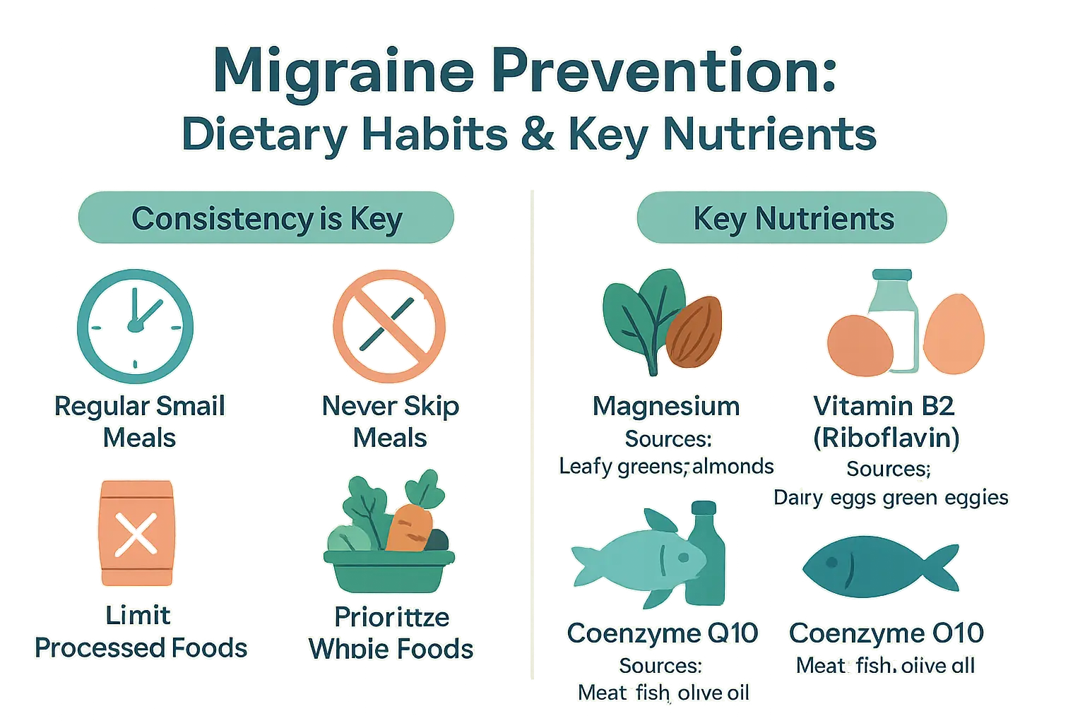 Migraine prevention diet and nutrients infographic