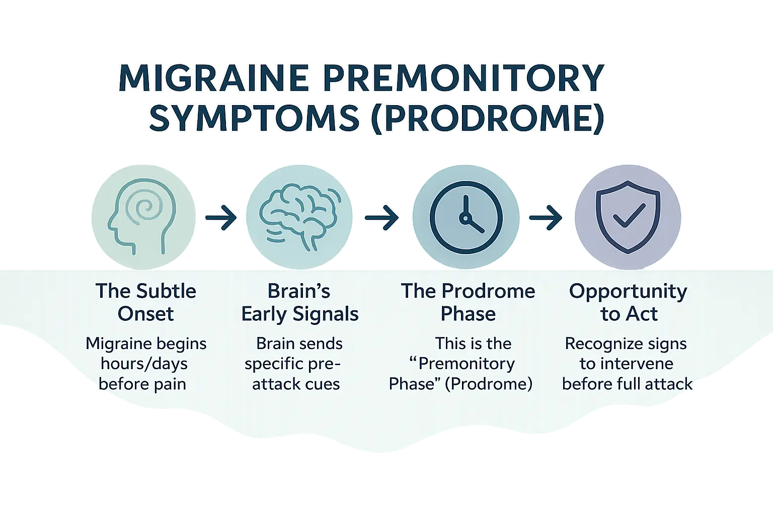 Illustration showing a person experiencing various pre-migraine symptoms like fatigue, mood swings, and neck stiffness.