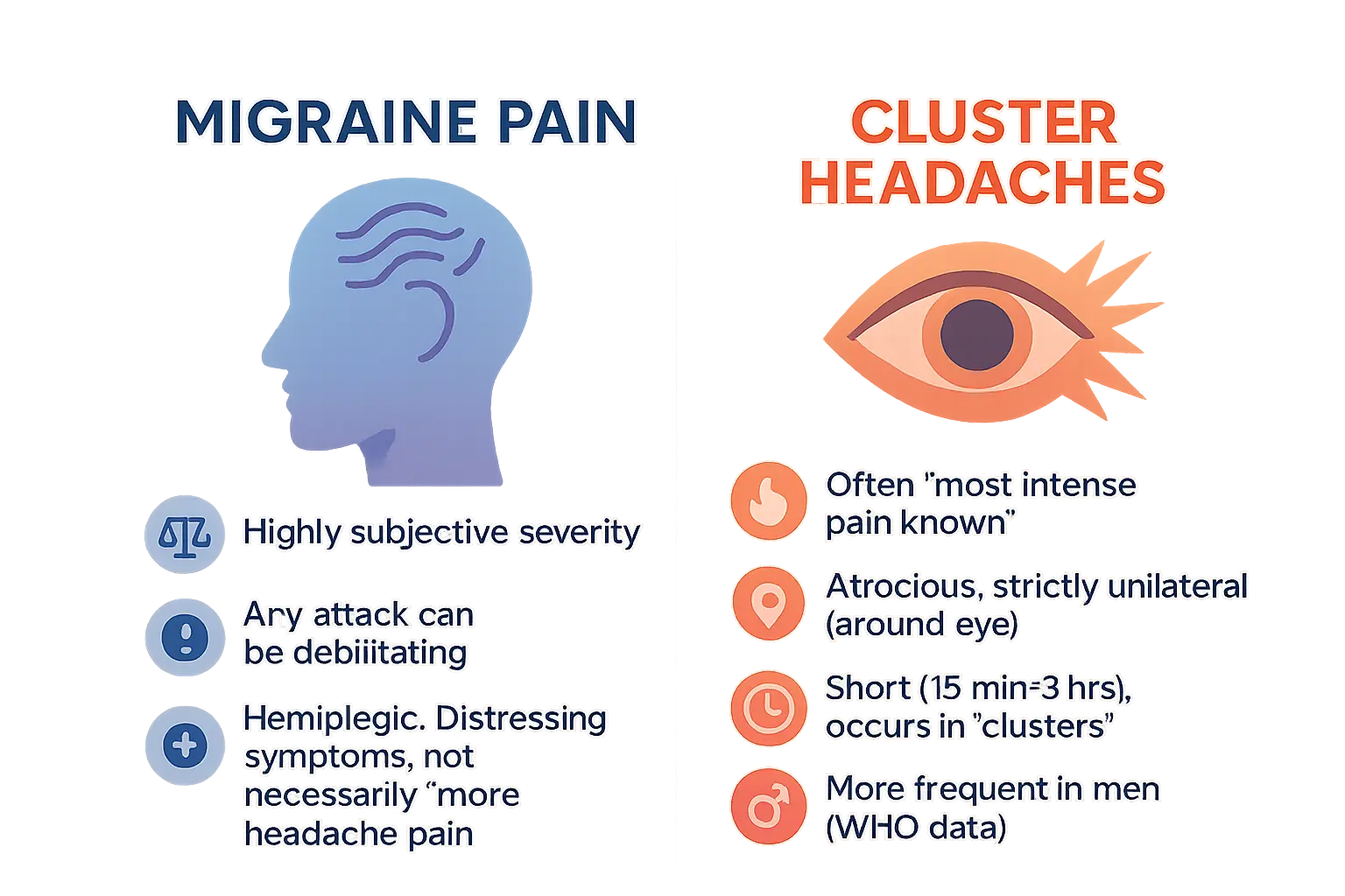 <strong>Migraine vs Cluster Headache Pain Zones</strong>” width=”600″ height=”400″ loading=”lazy” decoding=”async” /></p>
<p>Differentiators include:</p>
<ul>
<li><strong>Unilateral orbital pain vs migraines’ variable location</strong></li>
<li><strong>Autonomic symptoms</strong>: eye redness, nasal congestion, eyelid swelling</li>
<li><strong>Agitation during attacks</strong> (migraineurs prefer stillness)</li>
<li><strong>Circadian pattern</strong> – attacks often wake sufferers at consistent times</li>
</ul>
<p>Though migraines affect 1 in 7 people globally, cluster headaches strike 0.1% – yet sufferers rate their pain as “suicide headaches.” Alcohol triggers cluster attacks, unlike migraines with individualized dietary factors. The WHO emphasizes <strong>these headaches represent a major public health burden</strong>, often misdiagnosed as dental/sinus issues.</p>
<p>Explore <a href=