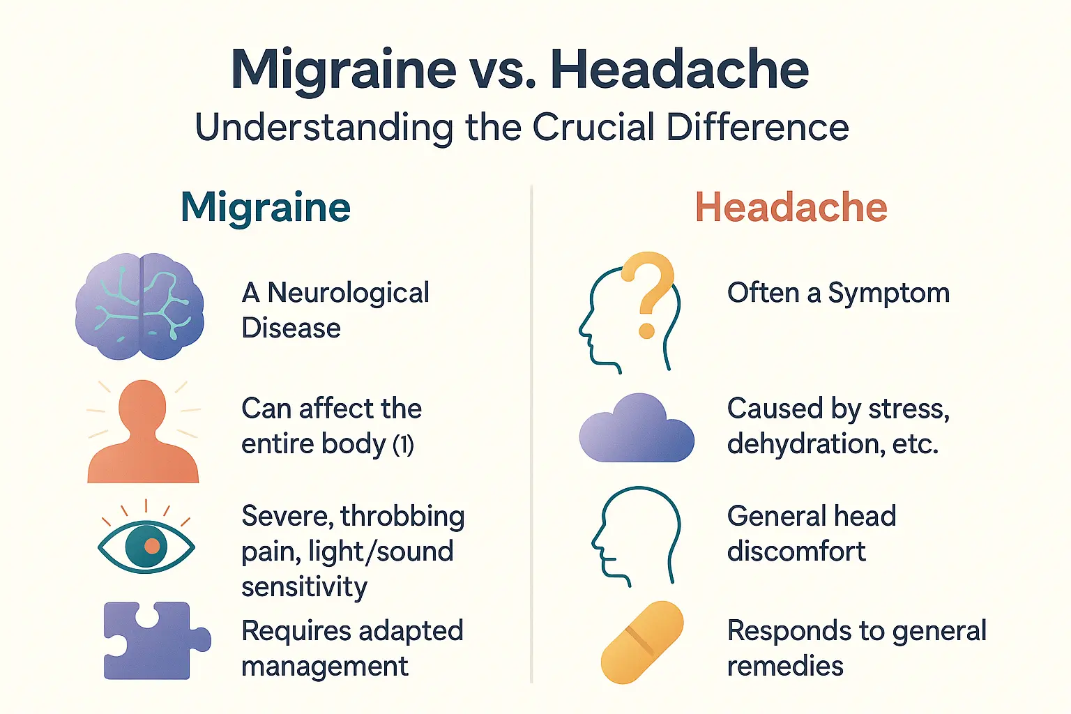 Illustration comparing the symptoms of a regular headache versus a migraine, highlighting the neurological nature of migraines.
