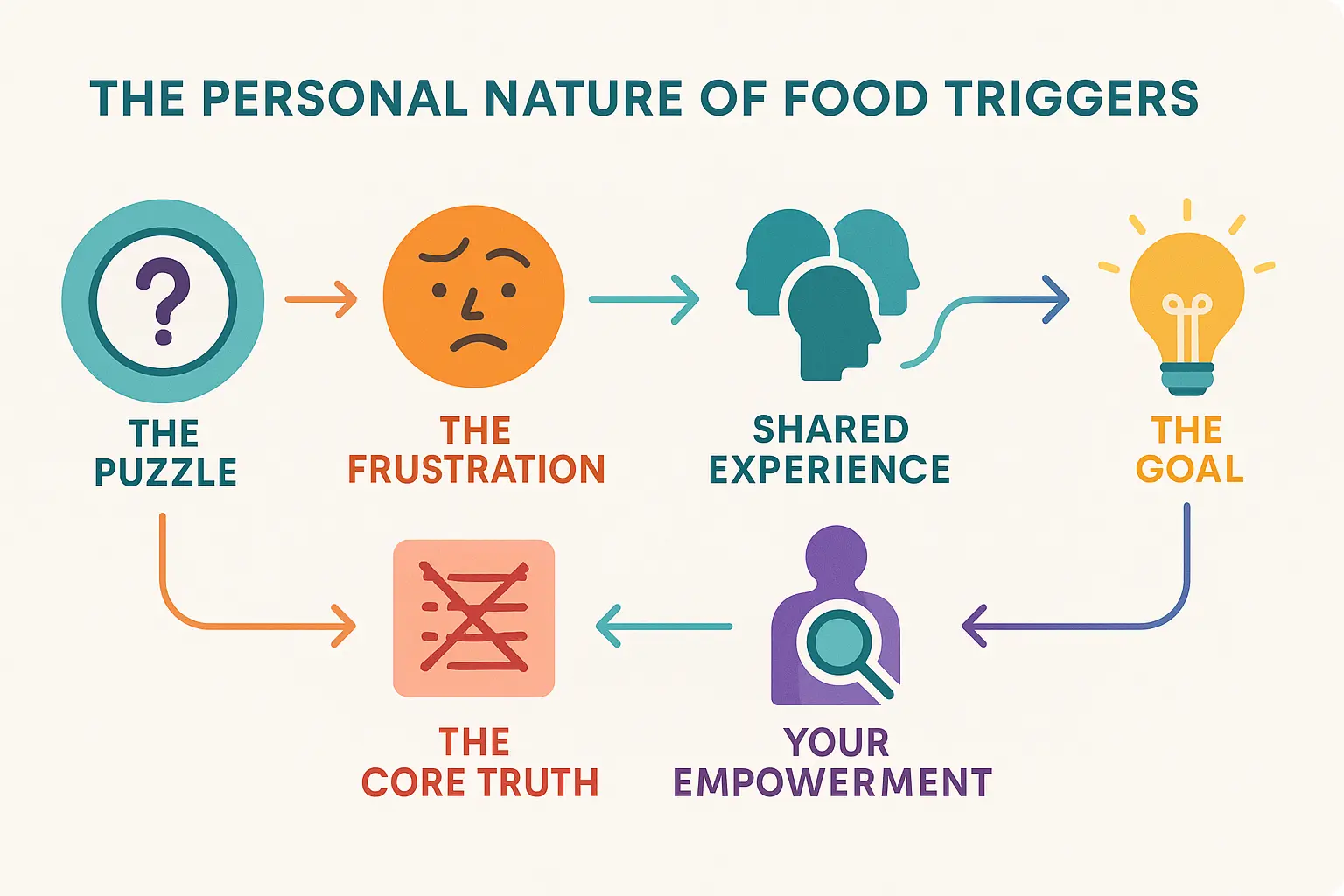 A collage of common potential migraine trigger foods like cheese, wine, chocolate, and processed meats, with a question mark in the center, illustrating the personal nature of food triggers.