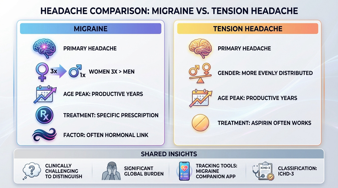 Visual guide comparing symptoms of tension headaches and migraines