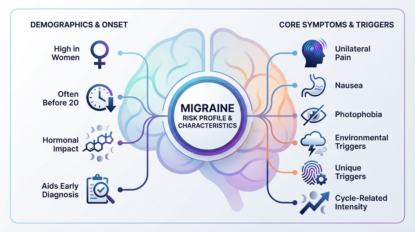 Infographic showing migraine risk profiles and symptoms prevalence
