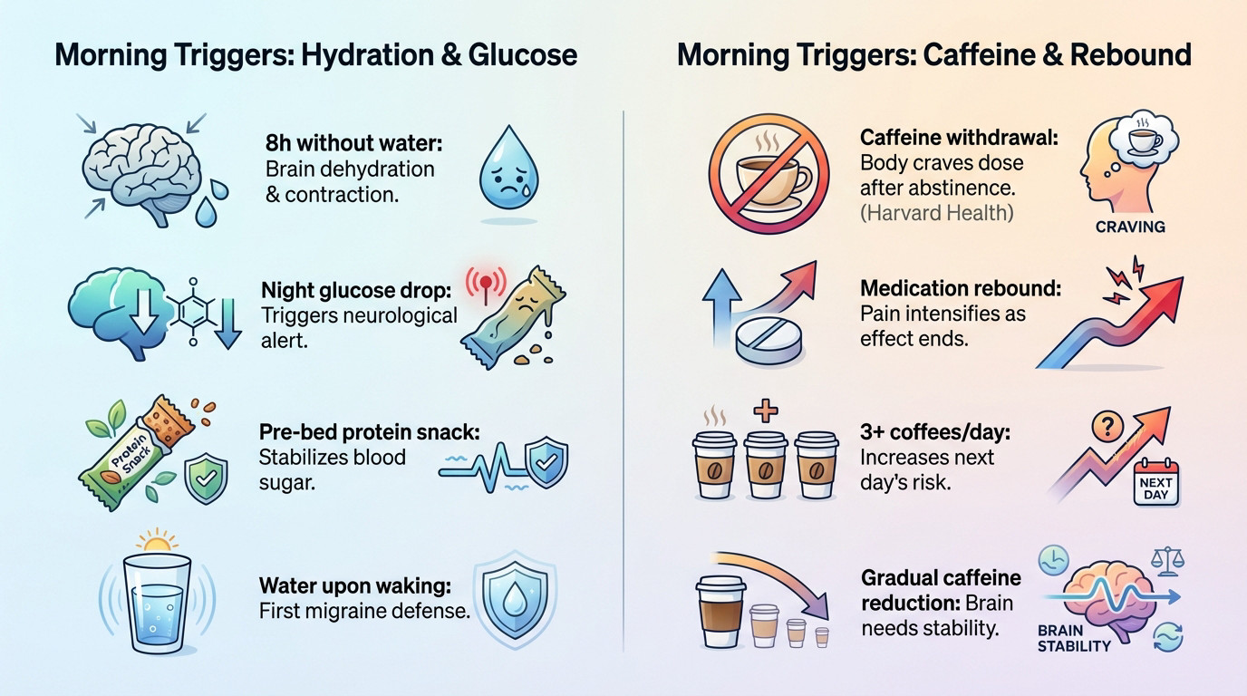 A person waking up with a morning migraine next to a glass of water and coffee