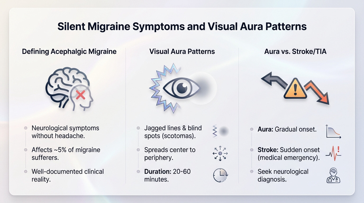Visual representation of migraine aura patterns including zigzags and scotomas