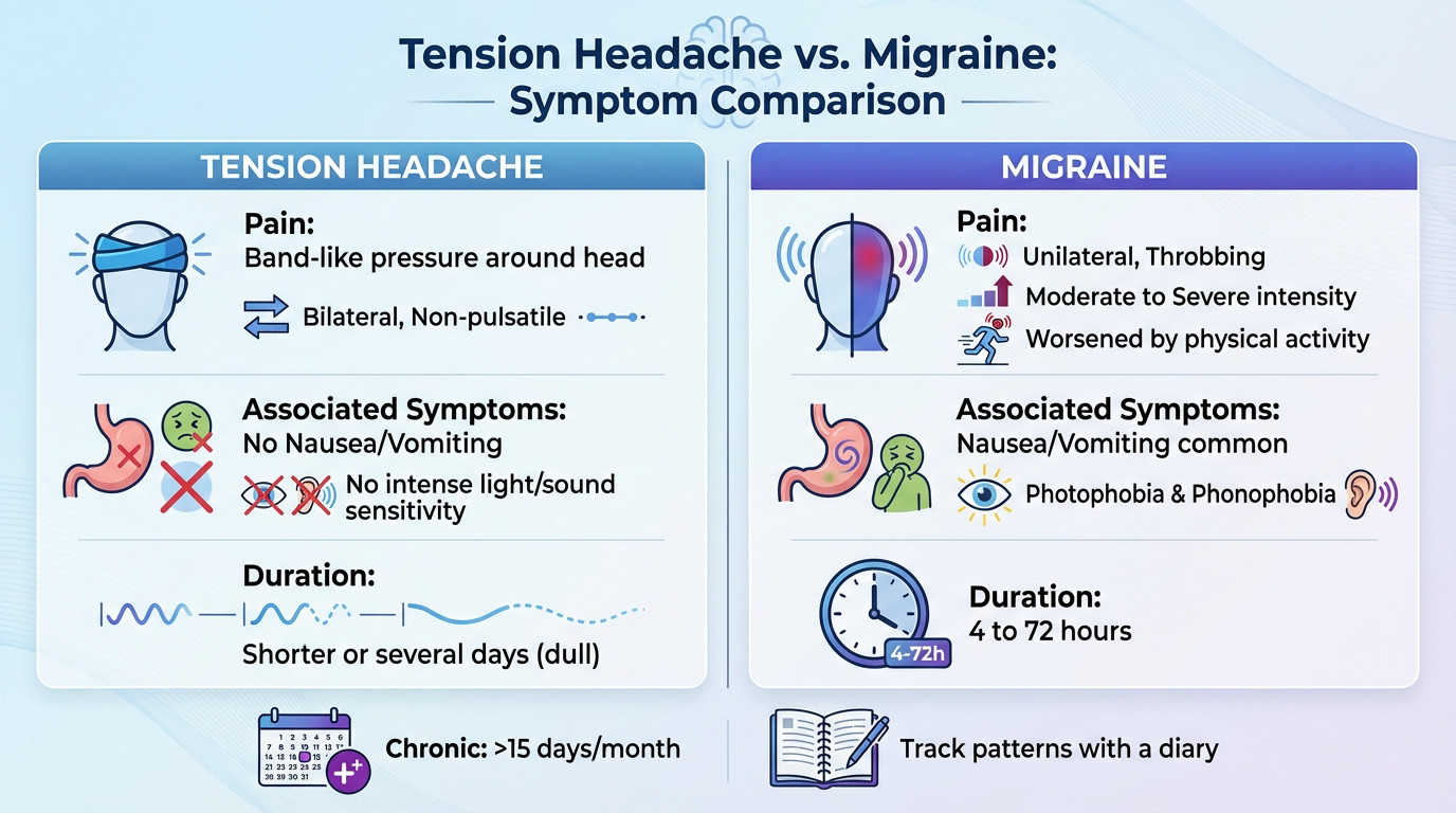 Comparison chart of tension headache vs migraine symptoms