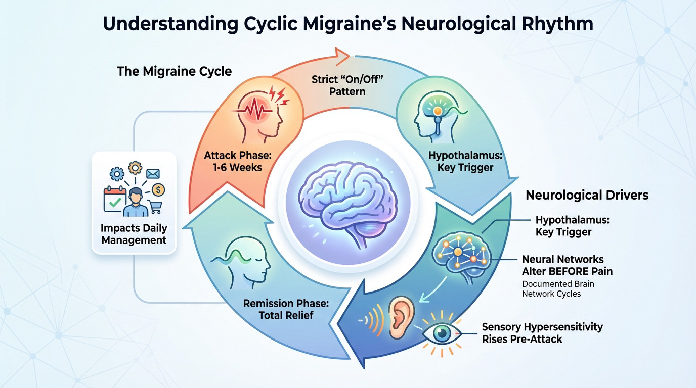 A diagram showing the neurological rhythm and cycles of a migraine attack